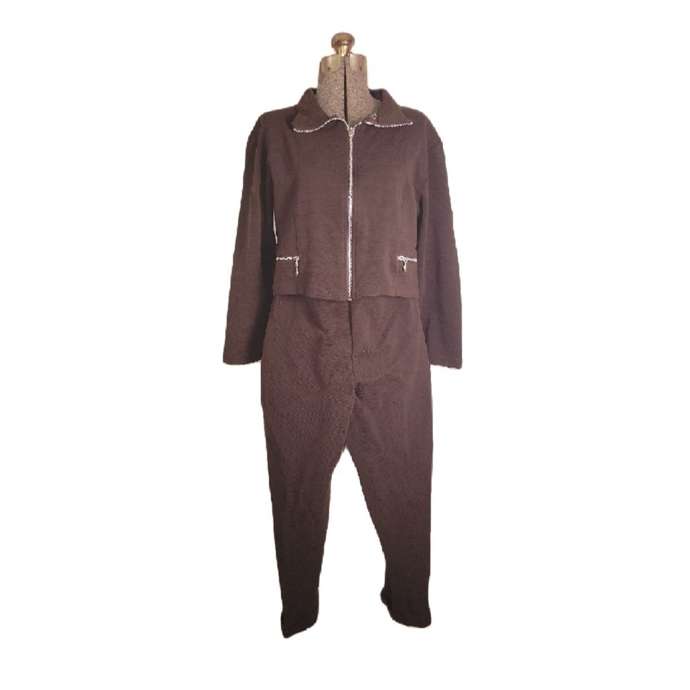 Vintage 70s 80s Brown Sweat Set High Rise Pants Cropped Jacket S/M Mod‎ Disco